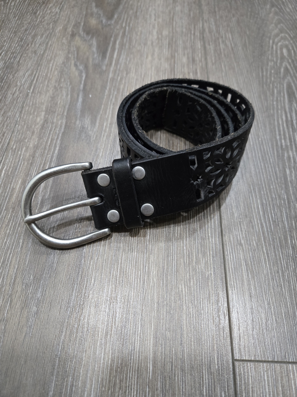 Lucky Brand Black Laser-Cut Leather Belt with Silver Buckle